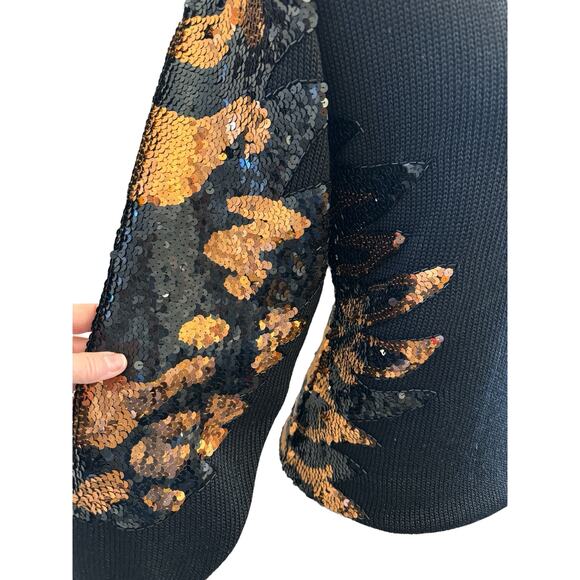 Vintage Black Wool Blend Sequin Sweater Medium Glam Animal Leaf Party Pullover - Picture 11 of 12